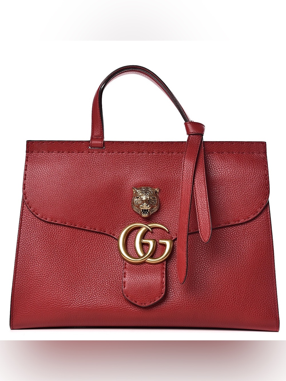 GUCCI Double G Marmont Feline Animalier Red Leather Flap Top Handle Satchel